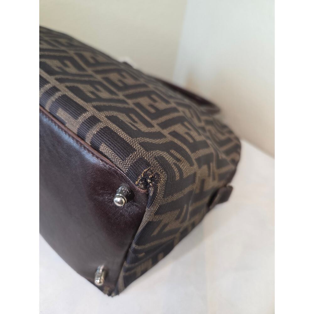 Fendi Zucca Canvas Brown Leather Trim Satchel Bag Silver Hardware Tote Vintage - Picture 5 of 16